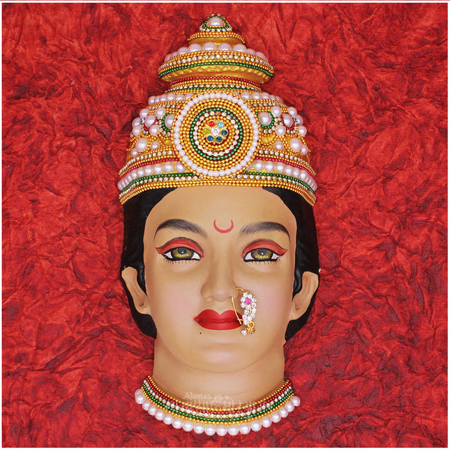 Shakti Roopam Mukha Traditional Devi Face Idol with Pearl & Stone Work – Spiritual  Margashirsha & Varalakshmi Puja Special   Golden Fiber Lakshmi Idol Face with Stone Work | Mandir Decoration for Margashirsha & Varalakshmi Puja