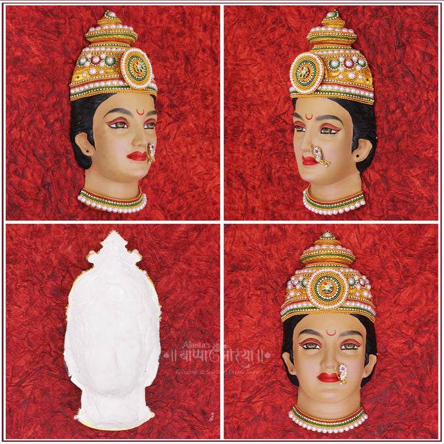 Shakti Roopam Mukha Traditional Devi Face Idol with Pearl & Stone Work – Spiritual  Margashirsha & Varalakshmi Puja Special   Golden Fiber Lakshmi Idol Face with Stone Work | Mandir Decoration for Margashirsha & Varalakshmi Puja
