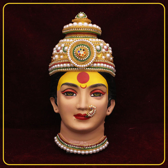 Shree  Devi Mahalaxmi Devi Face Idol with Mukut – Handcrafted Mata Mukhavata for Navratri, Diwali & Margashirsh Puja | Traditional Goddess Face for Mandir & Home Temple Decoration (Design 3)