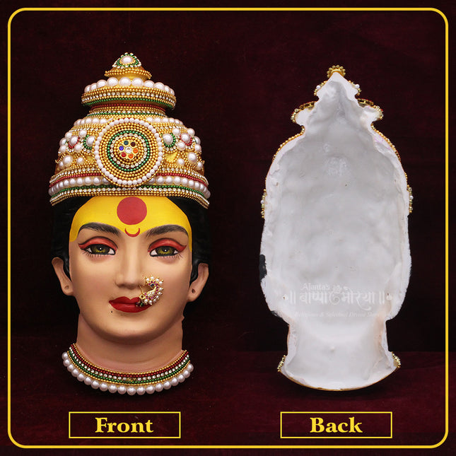 Shree  Devi Mahalaxmi Devi Face Idol with Mukut – Handcrafted Mata Mukhavata for Navratri, Diwali & Margashirsh Puja | Traditional Goddess Face for Mandir & Home Temple Decoration (Design 3)