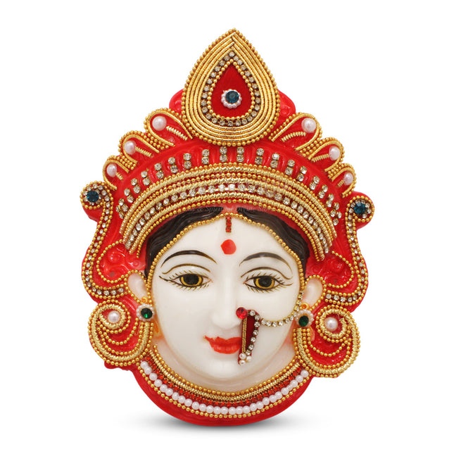 Polyfibre Goddess MATA Maha Lakshmi (Laxmi) Mukhota - Red Color | Devi Ma Face | Santoshi Maa Mukhota | Laxmi Face for Margashirsha Puja, Varalakshmi Vrath Puja and Decor