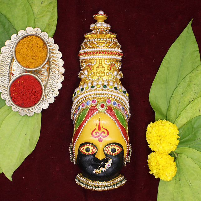 Tuljabhavani Devi Face Mukhavata | Traditional Handmade Goddess Tuljapur Bhavani Face Shaktipeeth Tuljabhavani Devi Mukhavata | Traditional Handpainted Goddess Face Idol for Mandir & Festive Pooja