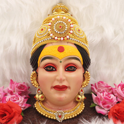 Dhanashree धनश्री Devi Mukhavata with Haldi Malvat – Auspicious Goddess Face for Navratri Devi Sthapana, Puja Vedhi & Margashish Puja – 10.5 Inch