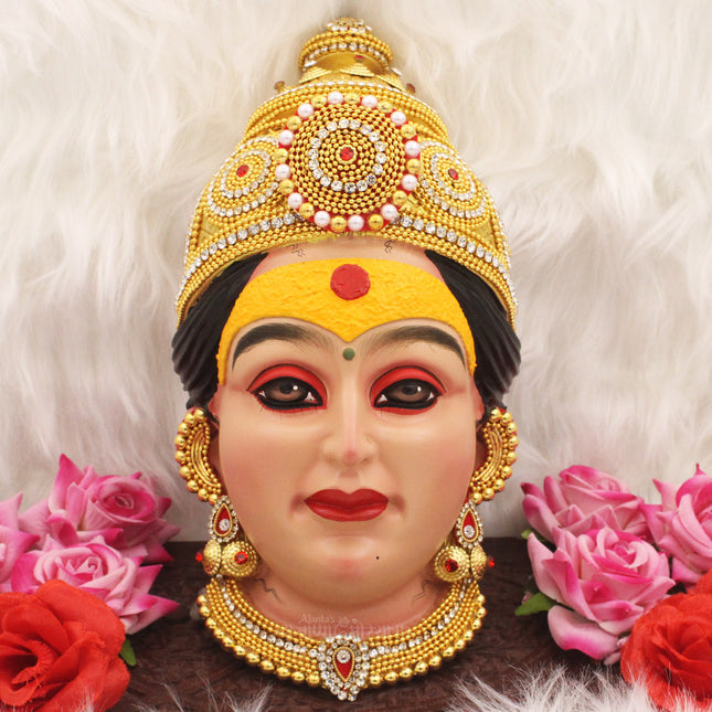 Dhanashree धनश्री Devi Mukhavata with Haldi Malvat – Auspicious Goddess Face for Navratri Devi Sthapana, Puja Vedhi & Margashish Puja – 10.5 Inch