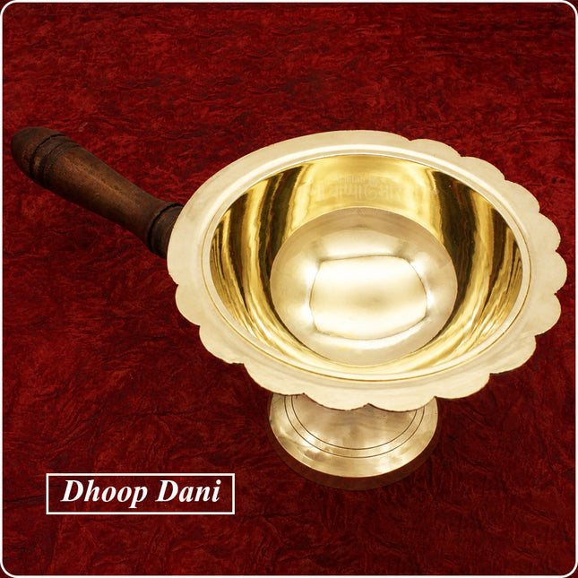 Dhoop Holder with Wooden Handle (धूपदाणी) Dhup Dani Loban Burner Doopam Sambrani Incense Holder Sambrani Dhoop Stand for Puja Loban Dhuni Burner (Size No -5)