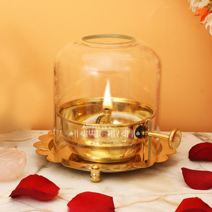 Brass Akhand Diya for Puja with Adjustable Bati, Wick Adjustment Screw, & Borosilicate Glass Cover