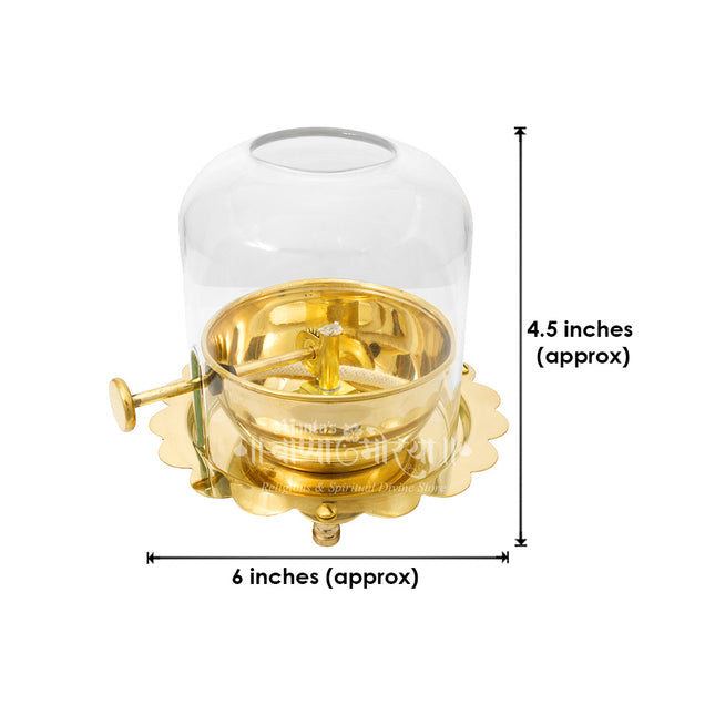 Brass Akhand Diya for Puja with Adjustable Bati, Wick Adjustment Screw, & Borosilicate Glass Cover