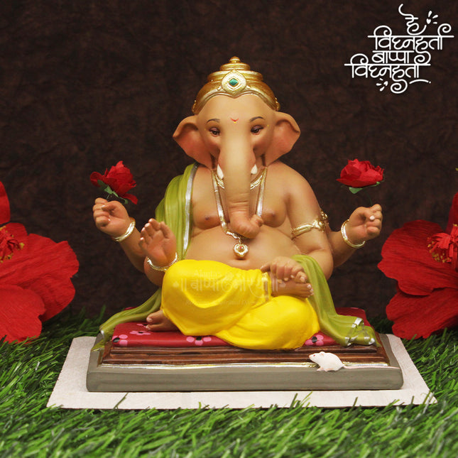 Vighnaharta Chandarkor Tilak Siddhi Ganesha (विघ्नहर्ता चांद्रकोर टिळक सिद्धी गणेशा) हँडपेंटेड फायबर मूर्ती  For Puja  Archana (4.5 INCHES )