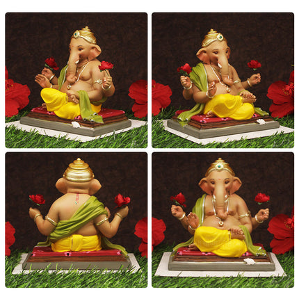 Vighnaharta Chandarkor Tilak Siddhi Ganesha (विघ्नहर्ता चांद्रकोर टिळक सिद्धी गणेशा) हँडपेंटेड फायबर मूर्ती  For Puja  Archana (4.5 INCHES )