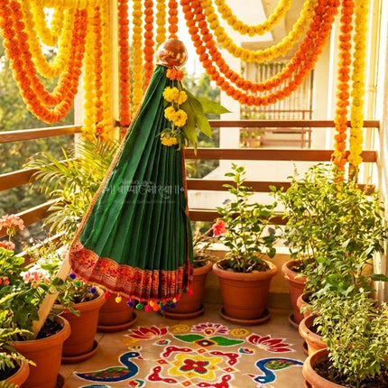 Gudhi Vastra for Gudhi Padwa Festival (Khun, Green ) | Traditional Maharashtrian Gudi Cover Saree Cloth for GudiPadva | Readymade Ugadi & GudhiPadawa Decoration Pooja Décor