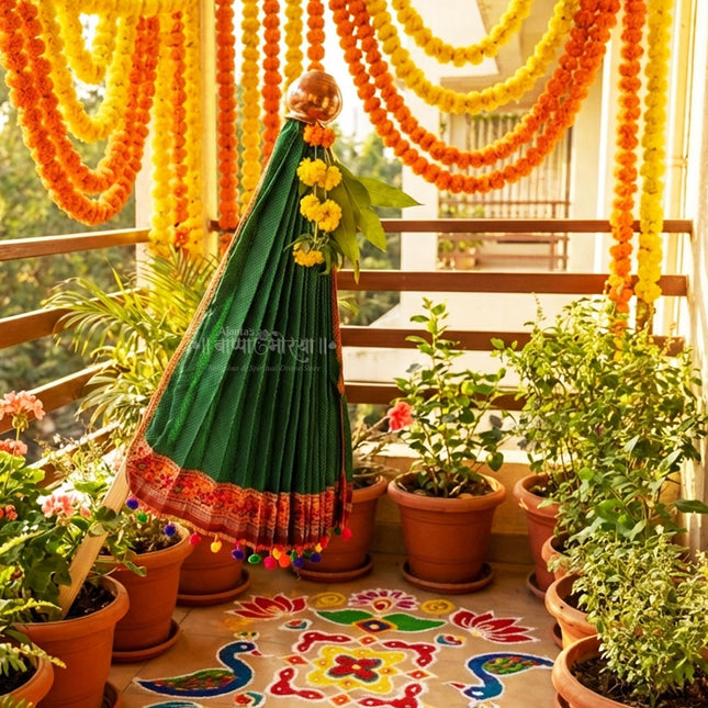 Gudhi Vastra for Gudhi Padwa Festival (Khun, Green ) | Traditional Maharashtrian Gudi Cover Saree Cloth for GudiPadva | Readymade Ugadi & GudhiPadawa Decoration Pooja Décor