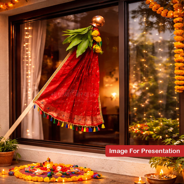 Chandrakore Design Gudi for Gudi Padwa Ugadi Vastra for Gudhi Padwa FestivalTraditional Maharashtrian Gudi Cover Saree Cloth for GudiPadva | Readymade Ugadi & GudhiPadawa Decoration Pooja DécorTraditional Maharashtrian Festival Decoration (28 inch)