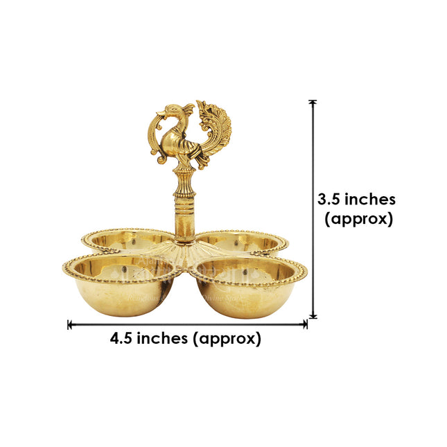 Haldi Kumkum Container | Traditional Brass Pooja Sindoor, Chawal & Kumkum Holder | Peacock Design 4 Bowl Pooja Accessory for Festivals, Gifting & Home Mandir