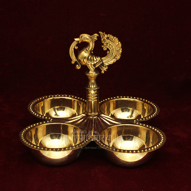 Haldi Kumkum Container | Traditional Brass Pooja Sindoor, Chawal & Kumkum Holder | Peacock Design 4 Bowl Pooja Accessory for Festivals, Gifting & Home Mandir