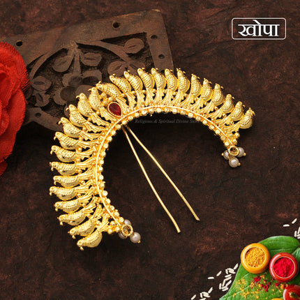 Designer Maharashtrian Khopa Juda Pin | Gold Tone Traditional Hair Ornament for Women (3.5 Inches Approx)