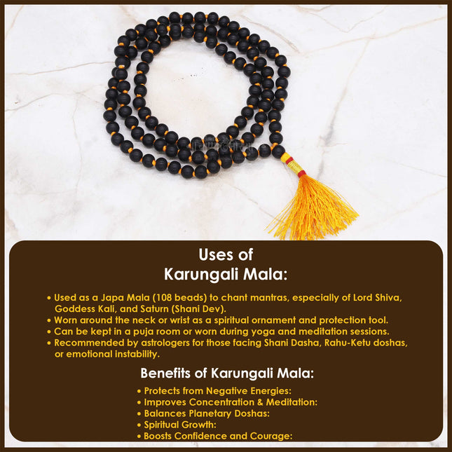 Karungali Malai Jaap Mala 108 Beads | Premium Ebony Wood Natural Black Beads, Meditation, Prayer, Healing |  Length: 20 inches  | For Men & Women (10 mm)
