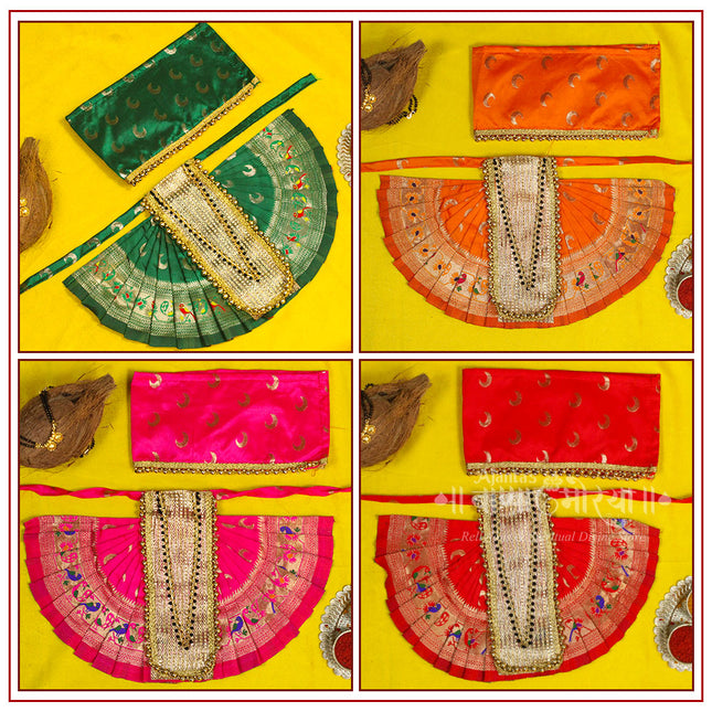 Karveer Nivasini Mahalaxmi Devi Poshak (Set of 4) | Kolhapur Lakshmi Mata Dress for Temple & Home Puja | Traditional Silk Saree Vastra for Goddess Idol & Photo Frame Decoration (9 Inch Poshak)