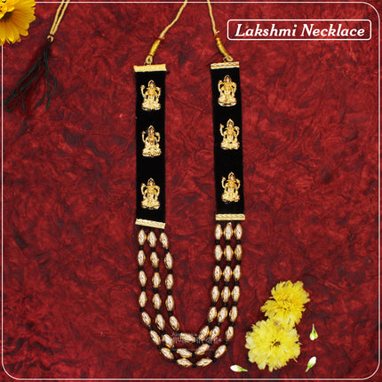 Devi Lakshmi Haar / Necklace for Goddess Idol – Black Velvet Finish with Golden Lakshmi Motifs, Traditional Shringar Jewellery for Mandir & Pooja (Approx. 10 Inches)