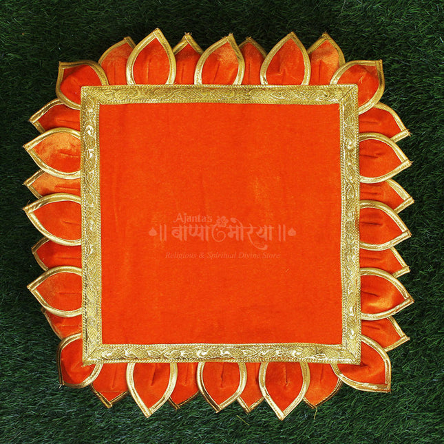 Lotus Velvet Chaurang Aasan चौरंग आसन (18 Inch Outer) | Pooja Chowki Cloth Mat for Diya, Kalash & Idol Placement | Mandir Aasan for Home Temple | Orange with Golden Border ((18 Inch )
