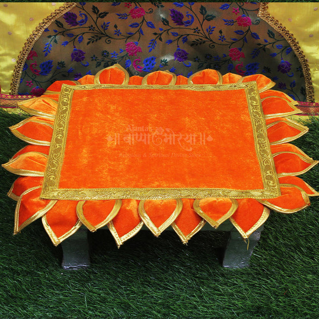 Lotus Velvet Chaurang Aasan चौरंग आसन (18 Inch Outer) | Pooja Chowki Cloth Mat for Diya, Kalash & Idol Placement | Mandir Aasan for Home Temple | Orange with Golden Border ((18 Inch )
