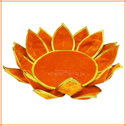 Orange Lotus Aasan for Pooja | Velvet Puja Aasan with Golden Border | 16 Inch Decorative Chowki Mat for Ganpati, Lakshmi, Devi & Temple Use