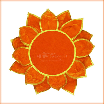 Orange Lotus Aasan for Pooja | Velvet Puja Aasan with Golden Border | 16 Inch Decorative Chowki Mat for Ganpati, Lakshmi, Devi & Temple Use