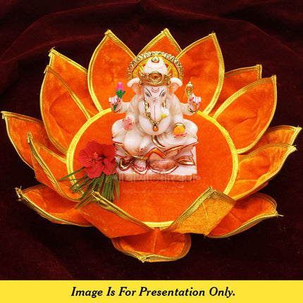 Orange Lotus Aasan for Pooja | Velvet Puja Aasan with Golden Border | 16 Inch Decorative Chowki Mat for Ganpati, Lakshmi, Devi & Temple Use