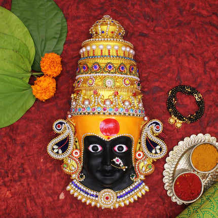 Haldi Madvat Look Ambabai Devi Face | हळदी-मडवट लुक अंबाबाई देवी मुखवटा | Kolhapuri Traditional Mukhota Temple Style Kolhapuri Handcrafted Devi Face Karveer Nivasini Ambabai Devi Mukhavata (11.5 Inch )
