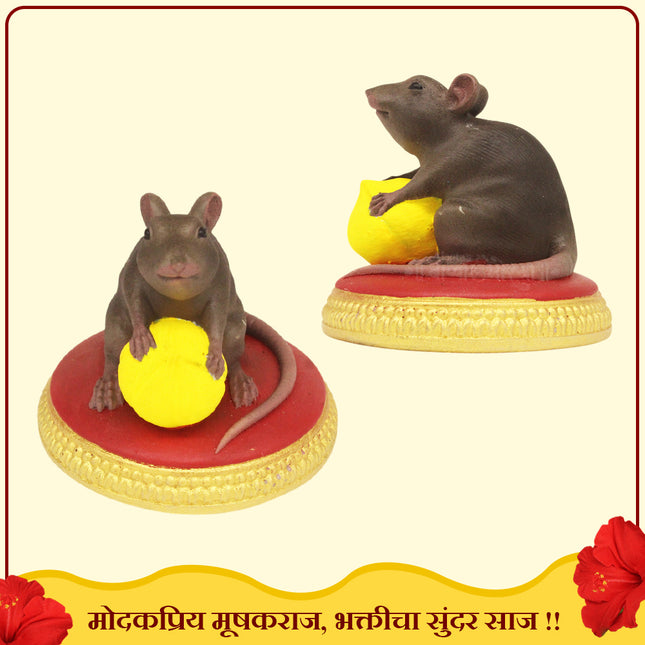 Black Plain Undir Mama Mushak Raj  Lord Ganpati Bappa's Divine Vehicle (Vahan) With Modak Undir Mama Small Mouse Idol for Home Temple, Mandir, Ganpati Festival & Pooja Decor