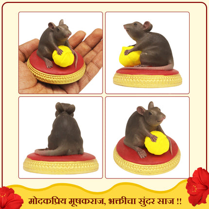 Black Plain Undir Mama Mushak Raj  Lord Ganpati Bappa's Divine Vehicle (Vahan) With Modak Undir Mama Small Mouse Idol for Home Temple, Mandir, Ganpati Festival & Pooja Decor