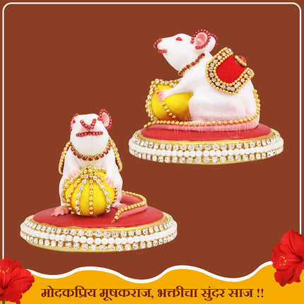 White Mouse with Pink Tail  Decorative Modakwale Undir Mama Modak Wala Ganesh Vahan  Decorative Mushak Raj Idol for Home Temple, Mandir & Ganesh Chaturthi(2.5 Inch Height)
