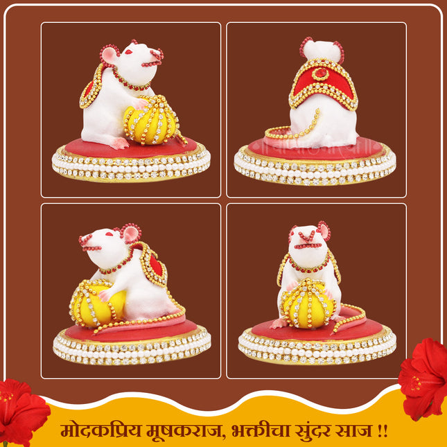 White Mouse with Pink Tail  Decorative Modakwale Undir Mama Modak Wala Ganesh Vahan  Decorative Mushak Raj Idol for Home Temple, Mandir & Ganesh Chaturthi(2.5 Inch Height)