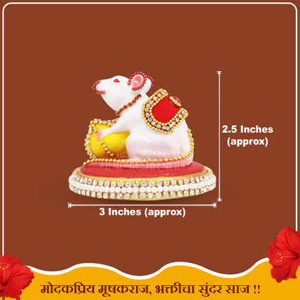 White Mouse with Pink Tail  Decorative Modakwale Undir Mama Modak Wala Ganesh Vahan  Decorative Mushak Raj Idol for Home Temple, Mandir & Ganesh Chaturthi(2.5 Inch Height)