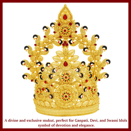 Divine Gold-Plated Mukut for Ganpati, Devi & Swami Idols | Designer Idol Crown with Red StonesTraditional Crown for Ganpati Bappa , Goddess Devi, Swami Samartha, Radha Krishna & Goddess Lakshmi | Suitable for All Hindu Gods 6 Inch Ear-to-Ear Dimension