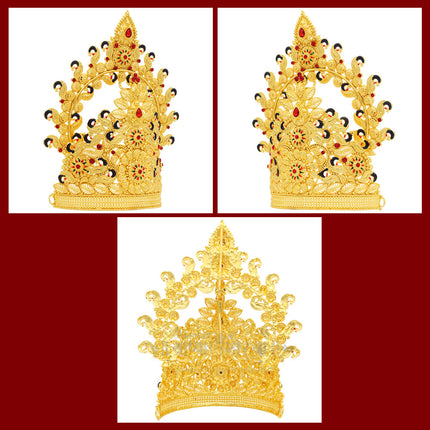 Divine Gold-Plated Mukut for Ganpati, Devi & Swami Idols | Designer Idol Crown with Red StonesTraditional Crown for Ganpati Bappa , Goddess Devi, Swami Samartha, Radha Krishna & Goddess Lakshmi | Suitable for All Hindu Gods 6 Inch Ear-to-Ear Dimension