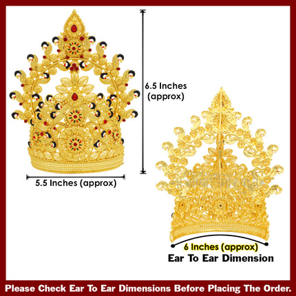 Divine Gold-Plated Mukut for Ganpati, Devi & Swami Idols | Designer Idol Crown with Red StonesTraditional Crown for Ganpati Bappa , Goddess Devi, Swami Samartha, Radha Krishna & Goddess Lakshmi | Suitable for All Hindu Gods 6 Inch Ear-to-Ear Dimension