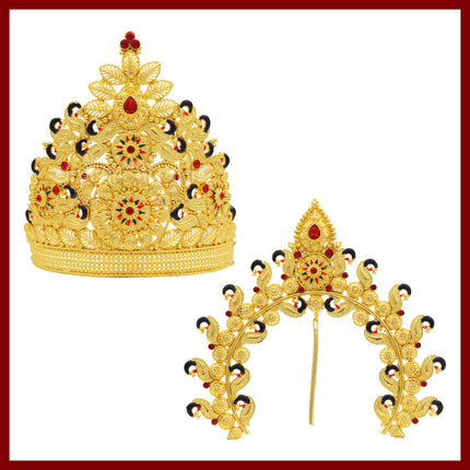 Divine Gold-Plated Mukut for Ganpati, Devi & Swami Idols | Designer Idol Crown with Red StonesTraditional Crown for Ganpati Bappa , Goddess Devi, Swami Samartha, Radha Krishna & Goddess Lakshmi | Suitable for All Hindu Gods 6 Inch Ear-to-Ear Dimension