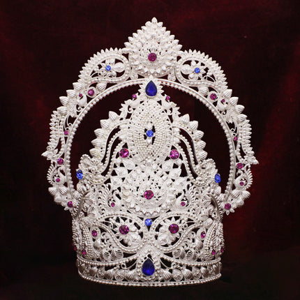Handmade Silver Polish Mukut (Kireedam) for Deity Idols | Traditional Crown for Ganpati Bappa , Goddess Devi, Swami Samartha, Radha Krishna & Goddess Lakshmi | Suitable for All Hindu Gods (8 Inch Ear-to-Ear)