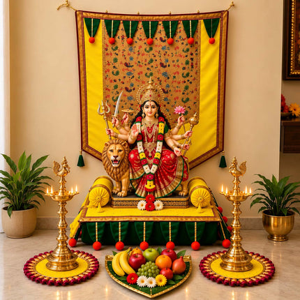 देवीचा दिव्य दरबार – शुभ मंगल पूजा डेकोरेशन सेट  संपूर्ण गणपती स्थापना, पूजा व सजावट सेट Ecofriendly  Ganpati Makar Set with Backdrop, Toran, Chaurang & Pooja Aasan | गणपती, घटस्थापना, वरलक्ष्मी पूजा व दिवाळीसाठी