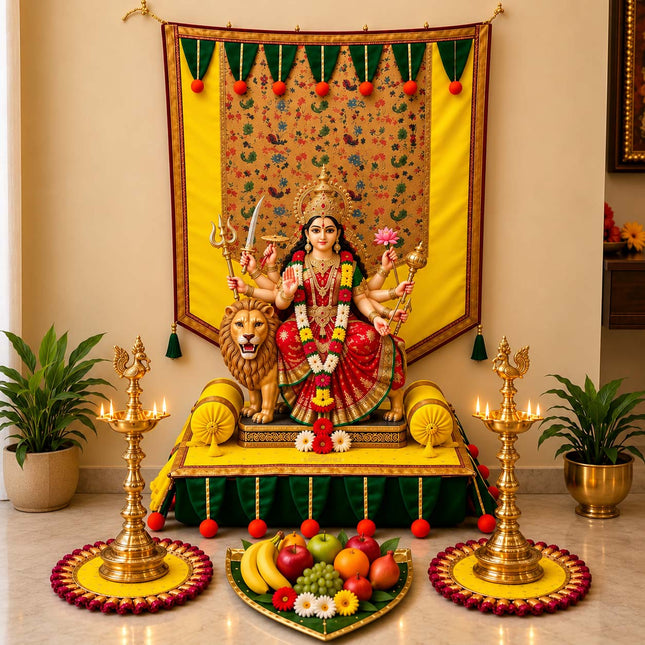 देवीचा दिव्य दरबार – शुभ मंगल पूजा डेकोरेशन सेट  संपूर्ण गणपती स्थापना, पूजा व सजावट सेट Ecofriendly  Ganpati Makar Set with Backdrop, Toran, Chaurang & Pooja Aasan | गणपती, घटस्थापना, वरलक्ष्मी पूजा व दिवाळीसाठी