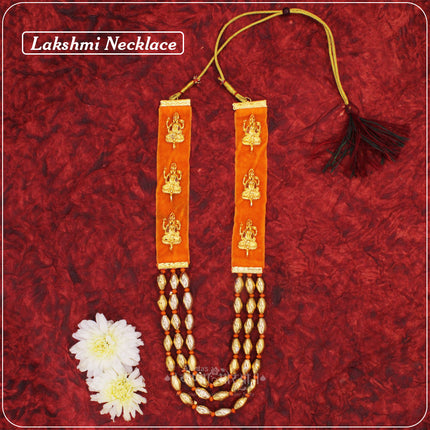 Lakshmi Velvet Haar Mala for Idol Decoration | 10 Inch Decorative Laxmi Mala with Golden Beads | Goddess Lakshmi Pooja Shringar Haar for Mandir, Diwali & Festival Decoration