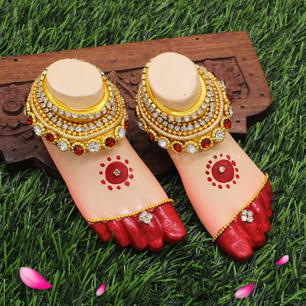 Traditional Lakshmi Charan Paduka for Pooja | Decorative Devi Maa Feet  with Jewelry Design | Kumkum Red & Golden Finish Paduka for Mandir, Diwali & Varamahalakshmi Pooja  (Big Size Paduka 4.5 x 2 inches )