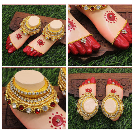 Traditional Lakshmi Charan Paduka for Pooja | Decorative Devi Maa Feet  with Jewelry Design | Kumkum Red & Golden Finish Paduka for Mandir, Diwali & Varamahalakshmi Pooja  (Big Size Paduka 4.5 x 2 inches )