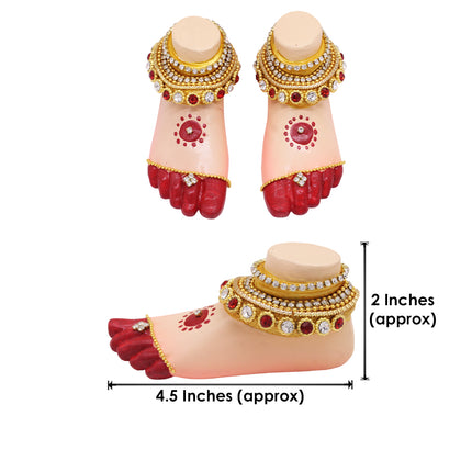 Traditional Lakshmi Charan Paduka for Pooja | Decorative Devi Maa Feet  with Jewelry Design | Kumkum Red & Golden Finish Paduka for Mandir, Diwali & Varamahalakshmi Pooja  (Big Size Paduka 4.5 x 2 inches )