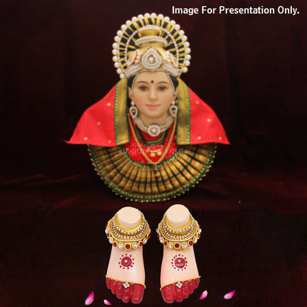 Traditional Lakshmi Charan Paduka for Pooja | Decorative Devi Maa Feet  with Jewelry Design | Kumkum Red & Golden Finish Paduka for Mandir, Diwali & Varamahalakshmi Pooja  (Big Size Paduka 4.5 x 2 inches )