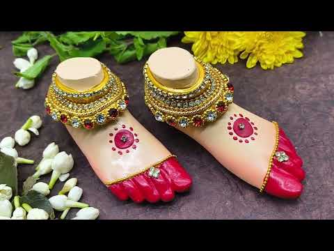 Traditional Lakshmi Charan Paduka for Pooja | Decorative Devi Maa Feet  with Jewelry Design | Kumkum Red & Golden Finish Paduka for Mandir, Diwali & Varamahalakshmi Pooja  (Big Size Paduka 4.5 x 2 inches )