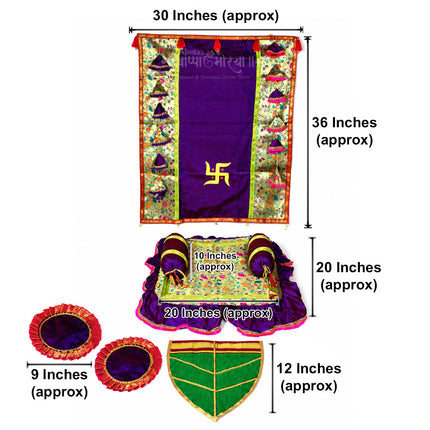 Silk Khan Khun Traditional Backdrop Decoration Set for Home Temple Ecofriendly   Ganesh Chaturthi Makar Setup with Pooja Aasan, Cushion, Naivedya Pan & Samai Aasan