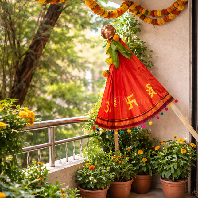 Traditional Red Gudi Vastra 36 Inch – Ready-Made Gudi Padwa Decoration Cloth with Om & Swastik Symbols  Traditional Maharashtrian Gudi Cover Saree Cloth for Gudi Padwa Festival