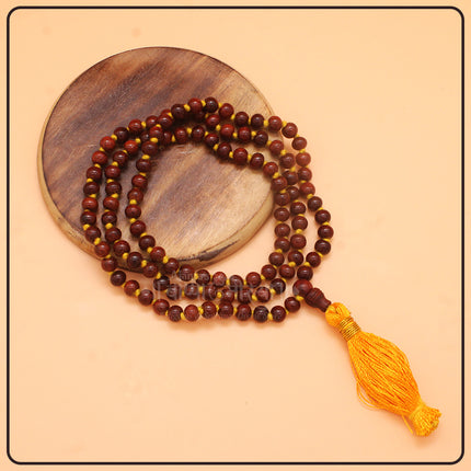 Red Sandalwood Japa Mala with Yellow Tassel for Meditation & Chanting Spiritual Prayer Beads for Yoga, Pooja, and Mantras-18 Inch (6 mm )
