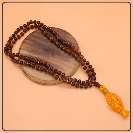 Red Sandalwood Japa Mala with Yellow Tassel for Meditation & Chanting Spiritual Prayer Beads for Yoga, Pooja, and Mantras